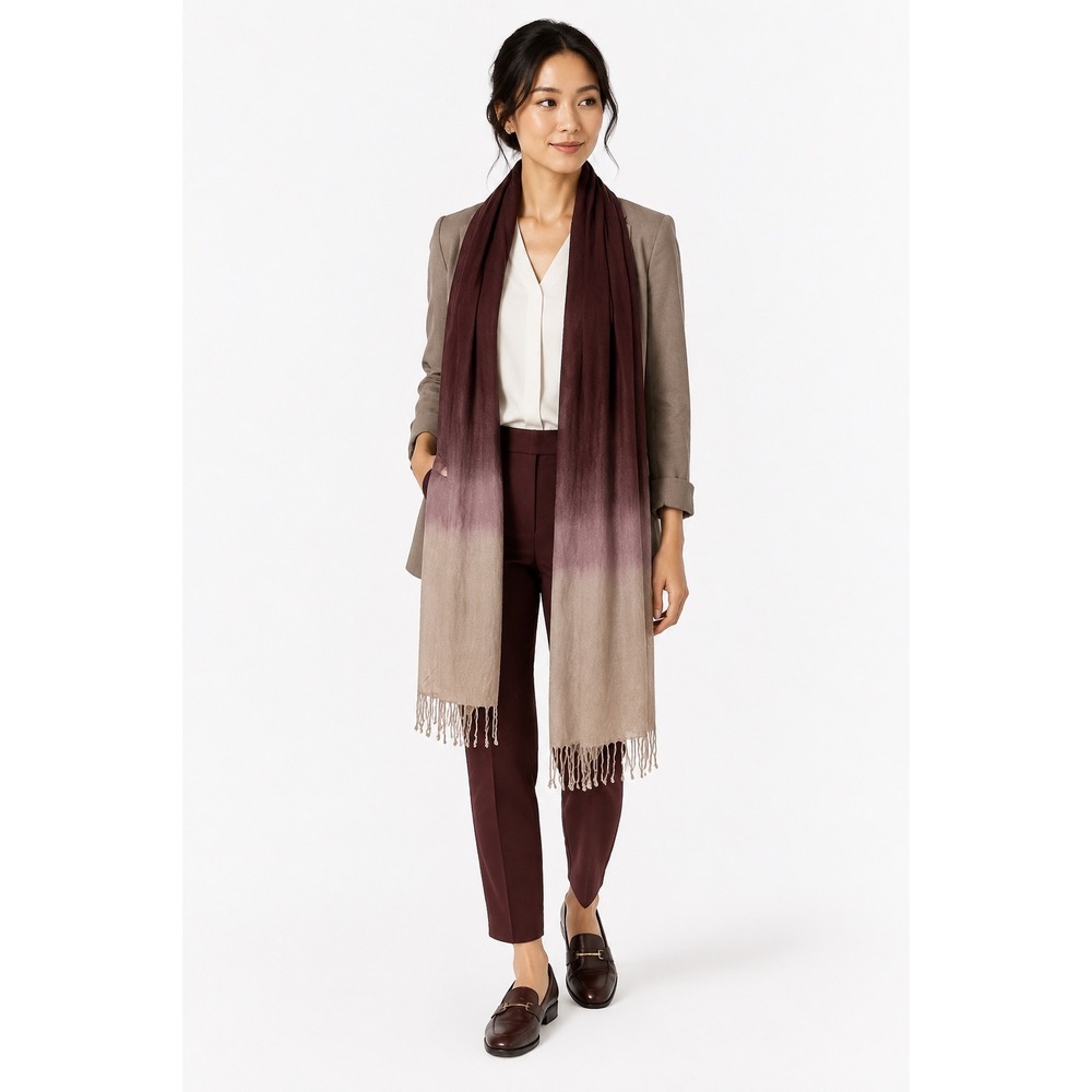 Banana Republic Ombre Scarf Burgundy Mauve Tan Rayon Fringe Trim OS Chic 114-48